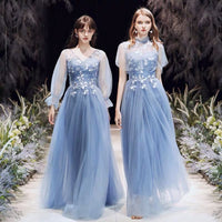 Embroidered sky blue bridesmaid dresses long