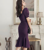 Short purple dress short sleeve mermaid dress