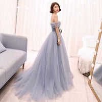 Off the shoulder dusty blue occasion dress