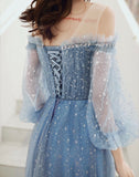Half sleeve sparkly sky blue prom dress