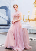 High neckline pink embroidered event dress robe de soirée