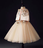 Embroidered champagne flower girl dress with cape