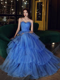 Blue prom dress tiered tulle dress