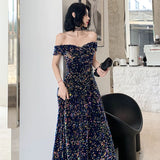 Dark blue sequin prom dress