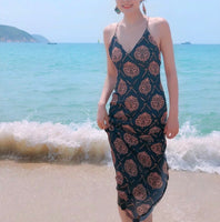 Printing backless beach dress slit floor length long