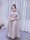 Sleeveless sparkly champagne pink prom dress for little girl