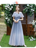 Floor length long gradient starry blue bridesmaid dresses