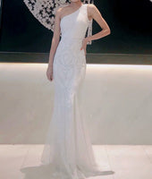One shoulder white mermaid dress sequin prom dress