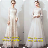 Long sleeve detachable lace and tulle wedding dress
