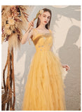 yellow ball gown spaghetti straps tulle vestido de novia