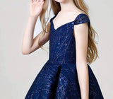 Floor length long dark blue flower girl dress sparkly navy blue kid's gown