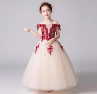 Little girl's champagne prom dress with burgundy embroidered