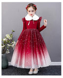 Long sleeve little girl's starry blue and red winter dress
