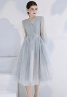 Silver grey sequin short tulle bridesmaid dresses
