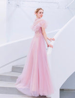 High neckline pink embroidered event dress robe de soirée