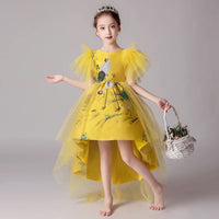 Yellow high low embroidery satin and tulle princess dress