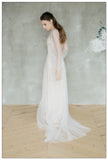 V neckline long sleeve modest wedding dress with pearls