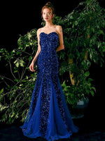 Off the shoulder blue sequin mermaid prom dress