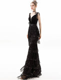 Spaghetti straps tassels black mermaid dress