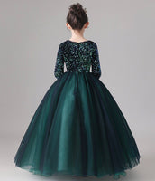 Sparkly long sleeve little girl's sequin green quinceanera dress
