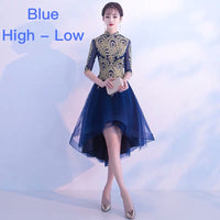High neckline embroidered blue prom dress