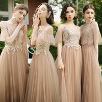 Light brown embroidered tulle bridesmaid dresses