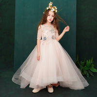 Light pink hi-lo appliqué kid's gown middle sleeve pink flower girl dress
