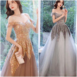 Silver grey golden sequin prom dress