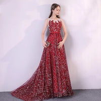 Sparkly sequin long prom dress burgundy bling bling tailed evening dress