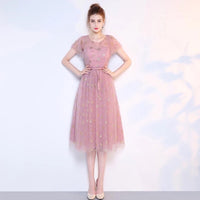 Ankle length pink gown tulle embroidered bridesmaid dress