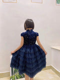 Short sleeve little girl's navy blue event dress