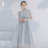 Silver grey sequin short tulle bridesmaid dresses