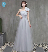 Light grey tulle bridesmaid dress off the shoulder tulle gown