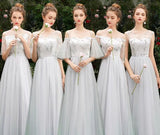 Embroidered grey bridesmaid dresses tulle floor length long