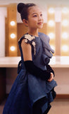 Sleeveless sparkly blue tailed prom dress for little girl