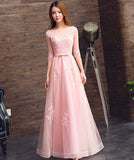 Long pink embroidered bridesmaid dress middle sleeve