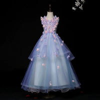 Sleeveless little girl's sky blue applique ball gown