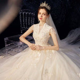 Embroidered champagne wedding dress short sleeve
