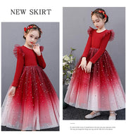 Long sleeve little girl's starry blue and red winter dress