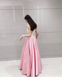 Sleeveless light pink lace and satin prom dress