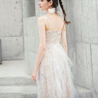 Spaghetti straps embroidered beige long prom dress
