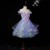 Off the shoulder sky blue applique ball gown for little girl