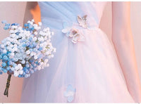 Spaghetti straps pink blue applique tulle prom dress