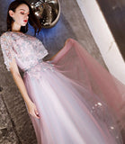 Pink embroidered tulle wedding gown