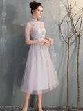 Embroidered dusty pink tulle bridesmaid dresses