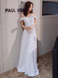 Off the shoulder white sequin prom dress