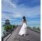 Backless white beach dress spaghetti straps long white vacation dress