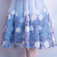 Applique short blue prom dress