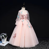 Long sleeve pink embroidered girl's ball gown kid's dress
