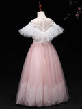 Pink kid's tulle dress boat neck floor length long tulle prom dress